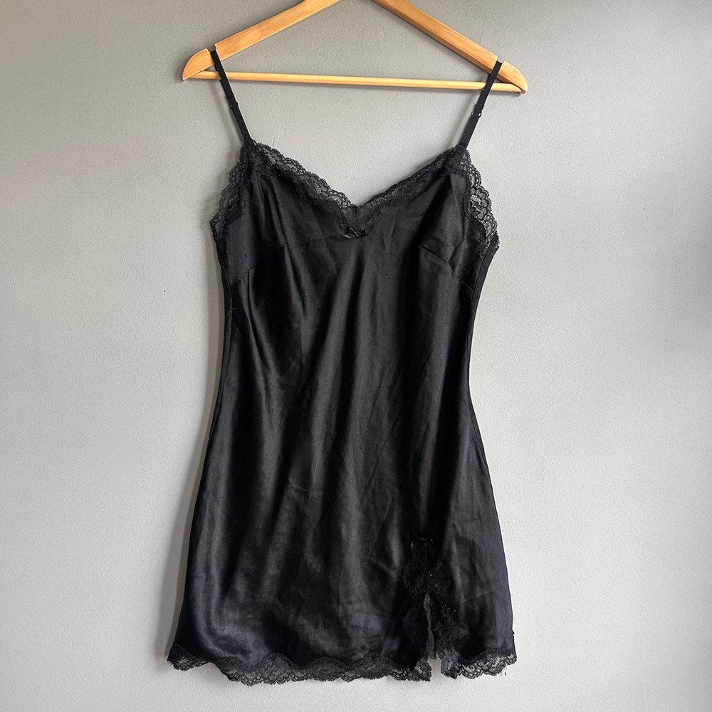 Victorias Secret Black Satin Lace Trim Slip Dress Nightie Medium 10830535